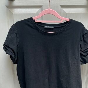 Zara Black Puff Sleeve Ruched T-Shirt